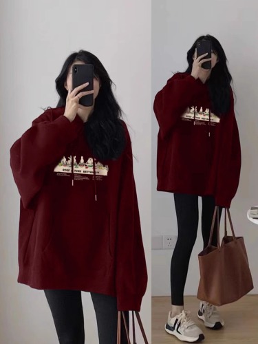 Thin velvet thickened high street American style hooded sweatshirt for women autumn and winter trendy brand oversize niche jacket sweatshirt