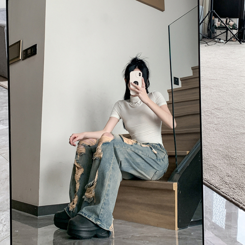 Real shot~Wasteland style ripped holes, dirty distressed washed jeans for women, American retro tattered beggar pants