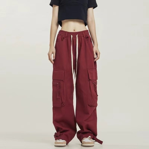 Official photo Cavalry slant American high street loose wide-leg red overalls street dance pants floor-length trousers