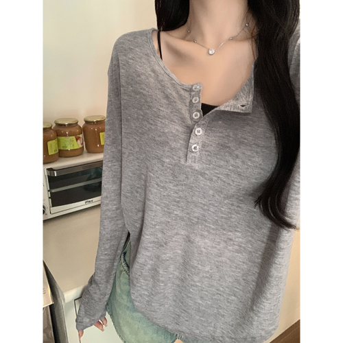 Real shot of lazy style gray half-open collar long-sleeved T-shirt for women 2024 autumn new loose and slim blouse