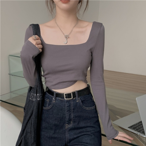 Fashion super hot Korean style square collar short top for women autumn new style slim inner layering shirt long sleeve T-shirt for women