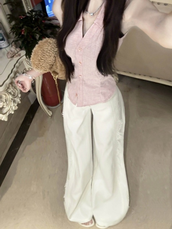Korean version of hiphop pink vest shirt for women in summer, slim, high-end, ladylike temperament, casual and versatile shirt, trendy