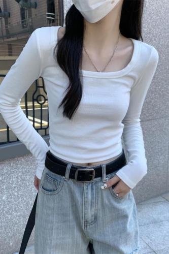 Actual shot of 2024 early autumn Korean version slim square collar basic solid color versatile pure cotton bottoming long-sleeved T-shirt top