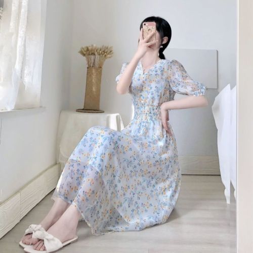 Long-sleeved/short-sleeved, salty, sweet and gentle long skirt, fairy-like super fairy forest V-neck chiffon floral dress