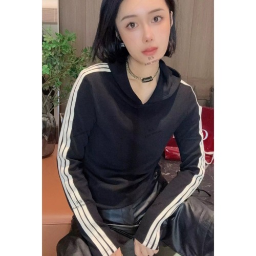 Internet celebrity early autumn thin long-sleeved hooded three-stripe hoodie for women 2024 new versatile layered tops and sweatshirts