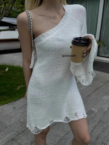 GOD God of Wealth Genuine Asymmetrical Off-shoulder Knitted Sweater Dress for Women Early Autumn Hollow Hollow Waist Dress