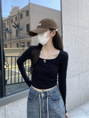 Actual shot of 2024 early autumn Korean version slim square collar basic solid color versatile pure cotton bottoming long-sleeved T-shirt top