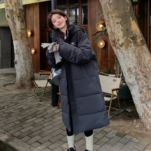 American-style campus letter logo print stitching contrasting colors loose off-shoulder hooded mid-length couple jacket down jacket