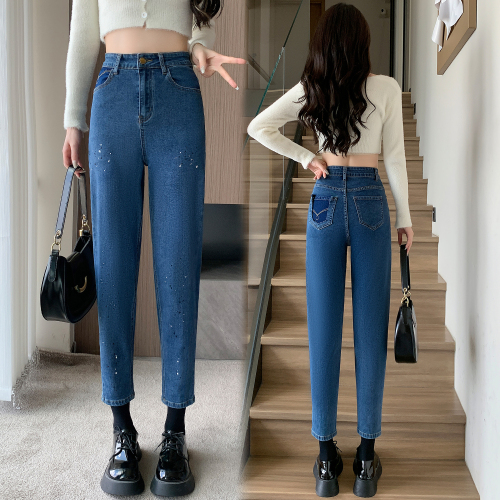 Real shot of new autumn large size jeans for fat mm women, high-waisted daddy pants, slim, loose, slightly fat, harem pants for women