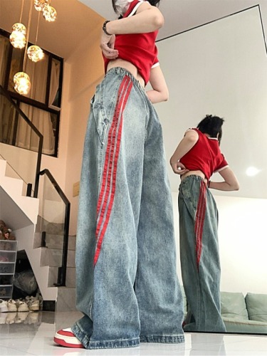 Real shot~Women's jeans, loose, trendy brand, straight striped stitching, casual wide-leg pants, drapey pants