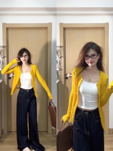 Korean hiphop yellow cardigan sun protection clothing for women in summer, slimming, high-end, chic, casual and versatile tops