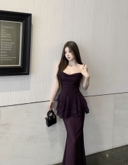 Summer new style spliced ​​high-waisted, slim, sexy, lazy, hollow, off-shoulder, swing-neck suspender for women