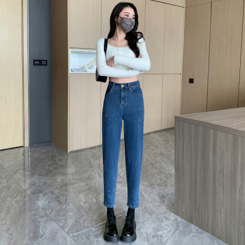 Real shot of new autumn large size jeans for fat mm women, high-waisted daddy pants, slim, loose, slightly fat, harem pants for women