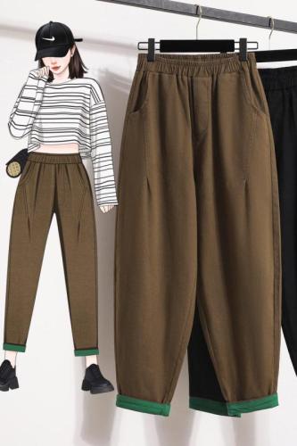 Actual shot of autumn new high-waisted elastic loose casual large size harem women's pants fat MM European version slimming dad trousers