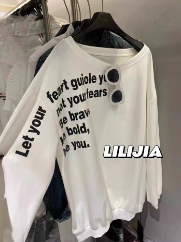 2024 new autumn style lazy style loose shoulder letter print sweatshirt women's thin design off-shoulder long-sleeved top