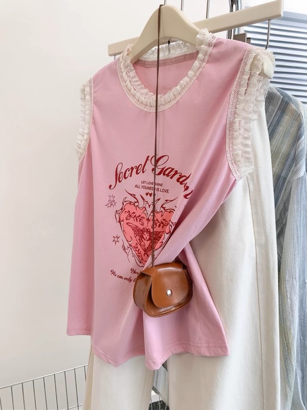 Lace love sleeveless t-shirt for women summer 2024 new style vest top