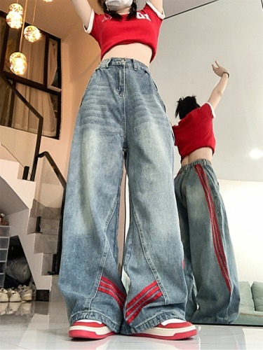 Real shot~Women's jeans, loose, trendy brand, straight striped stitching, casual wide-leg pants, drapey pants