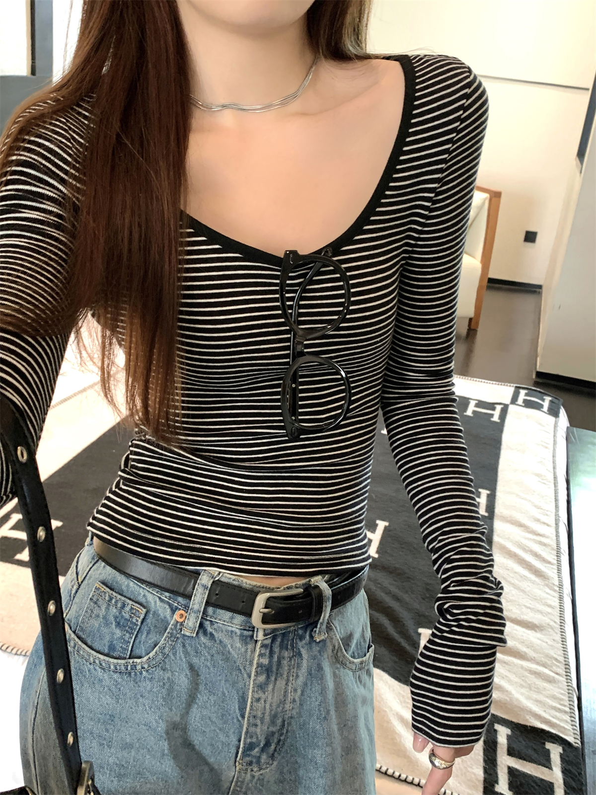 Actual shot of the new early autumn Korean style round neck slim fit striped slim and versatile pure cotton long-sleeved T-shirt top