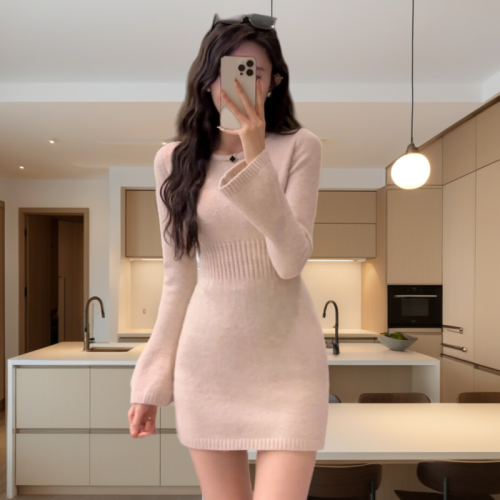 Pure Desire Round Neck Bell Sleeve Knitted Dress Autumn and Winter New Slim Fit Versatile Bottoming Hip Skirt