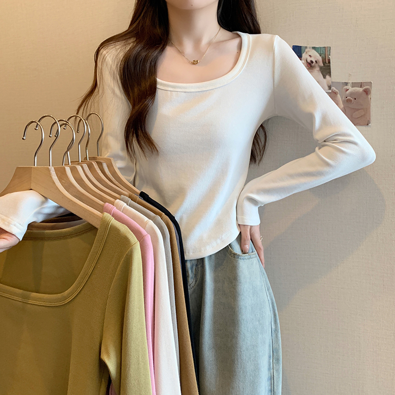 Actual shot of 2024 new autumn clothing for fat mm, fashionable, versatile, slim, arc hem, short long-sleeved T-shirt, bottoming shirt top