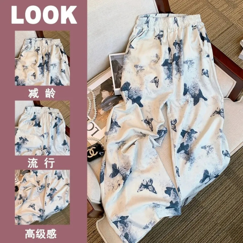 Ink Chinese style butterfly wide-leg summer pants for women thin high-waist casual sunscreen tie-dye loose ice silk pants