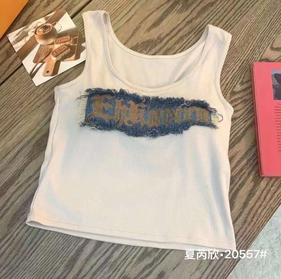 Summer American Hot Girl Denim Splicing Vest Women's Outerwear 2024 New Design Bottoming Short Sleeveless Top