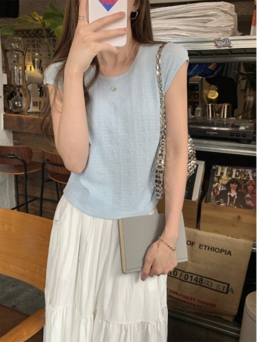 Summer Thin Style Round Neck Ice Silk Sweater Short Sleeve Women's Waistcoat Versatile Western Style T-shirt Chic and Beautiful Top