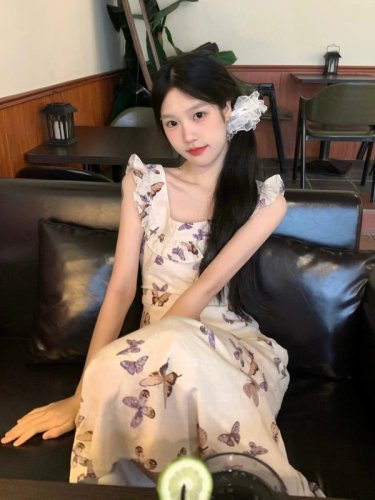 'Little Butterfly' long skirt for women in spring and summer with French A-line waist slimming slim U-neck bias-cut dress