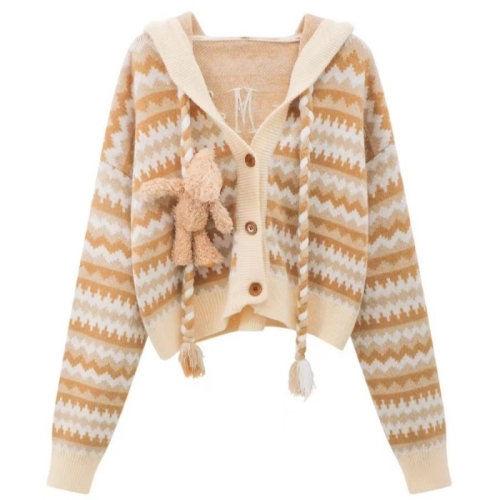 Autumn and winter new retro loose three-dimensional bear hooded long-sleeved knitted cardigan jacket for women contrasting color sweater top trendy