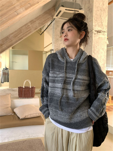 Striped sweater sweater for women autumn and winter 2024 new Korean style loose outer wear college style hooded sweatshirt top