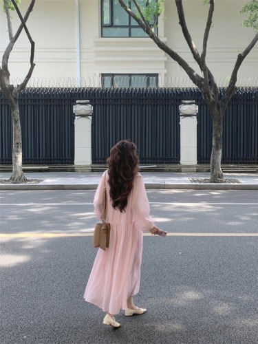 Actual shot #first love pink gentle style dress for women early autumn new style lantern long sleeves slimming and temperament long dress