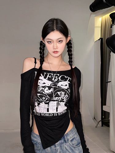 Fashionable and loose design, versatile and personalized retro hottie off-shoulder thin long-sleeved T-shirt top