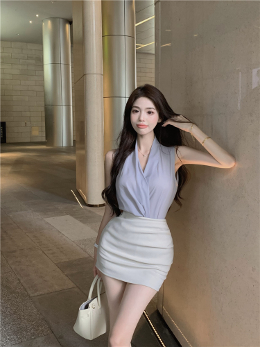 Real shot!  Temperament Pure Desire Suit Sleeveless Shirt Women's Summer Hip Cover Skirt Suit