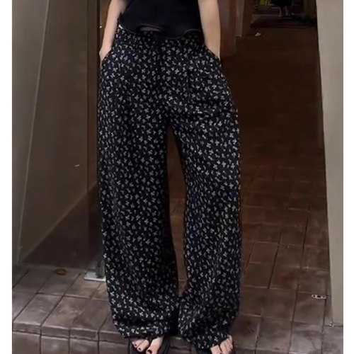 Korean style lazy style casual pants for women in summer, high-waisted and drapey, loose, flesh-covering straight wide-leg pants