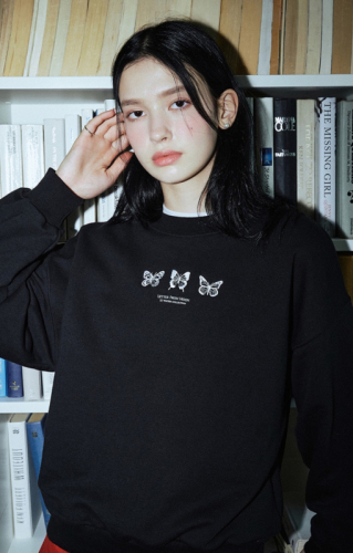 Official picture Korean version of early autumn butterfly embroidered letters American retro pullover round neck casual loose sweatshirt top