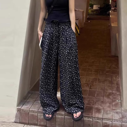 Korean style lazy style casual pants for women in summer, high-waisted and drapey, loose, flesh-covering straight wide-leg pants