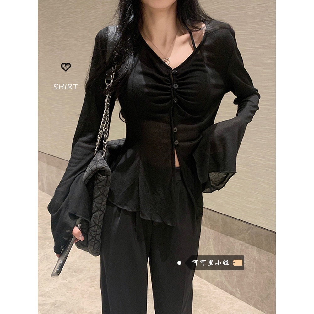 原版做法 純欲黑色防曬開衫薄款設計感V領喇叭長袖別致上衣