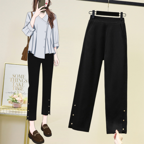 Real shot of autumn new large size black elastic waist straight elastic women's pants for fat MM high waist OL Korean style women's pants