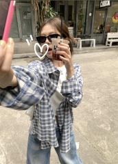 Photographed~ Minimalist Korean-style versatile hidden blue checkered simple loose pure cotton long-sleeved shirt