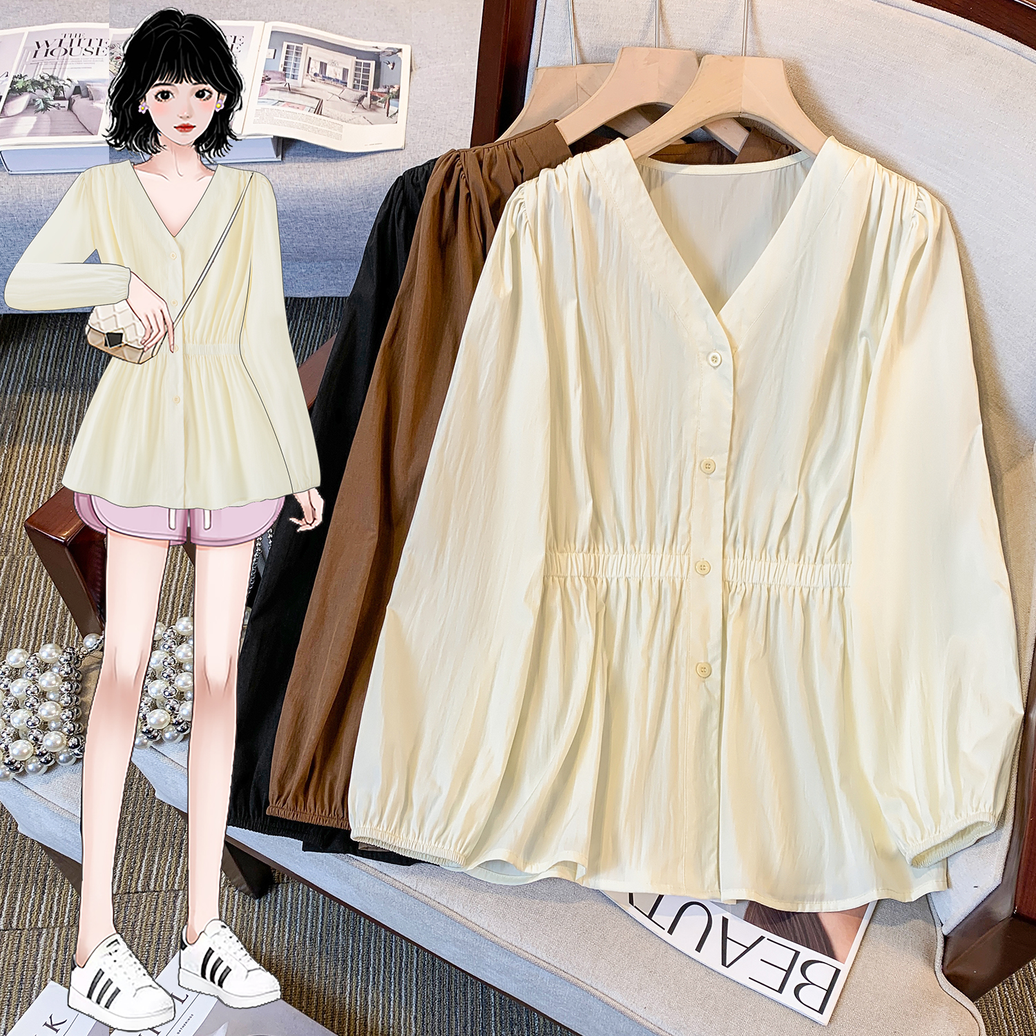 Women's Plus Size Oversized Designer V-Neck Long Sleeve Shirt for Early Autumn, Flattering and Youthful