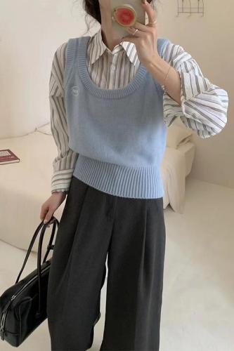 Knitted vest for women 2024 autumn and winter new style milk blue layered vest Korean style sleeveless top