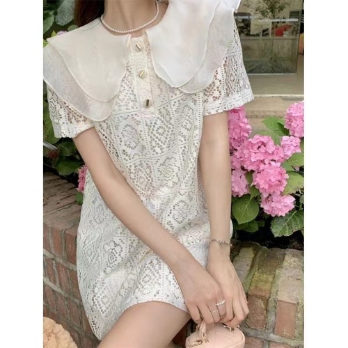 2024 Summer Doll Collar Lace Dress for Women Summer Sweet and Gentle Fairy Skirt Covering Belly and Slimming Short Skirt