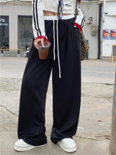 Actual shot Korean style casual color matching elastic waist drapey drawstring wide leg pants sports sweatpants