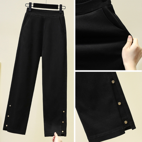 Real shot of autumn new large size black elastic waist straight elastic women's pants for fat MM high waist OL Korean style women's pants