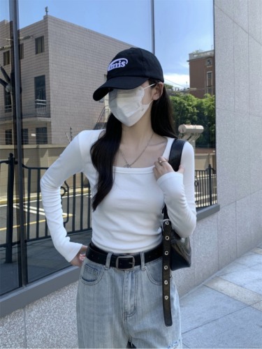 Actual shot of 2024 early autumn Korean version slim square collar basic solid color versatile pure cotton bottoming long-sleeved T-shirt top