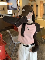 Actual shot of 2024 early autumn raglan contrast color love heart hollow cut sleeve design pure cotton long sleeve inner T-shirt top