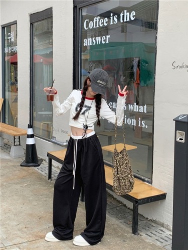 Actual shot Korean style casual color matching elastic waist drapey drawstring wide leg pants sports sweatpants