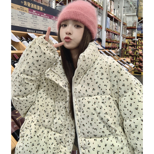 Fresh floral short down jacket winter new Korean college style thickened warm cotton jacket