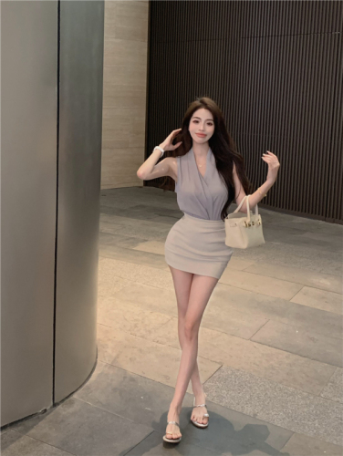 Real shot!  Temperament Pure Desire Suit Sleeveless Shirt Women's Summer Hip Cover Skirt Suit