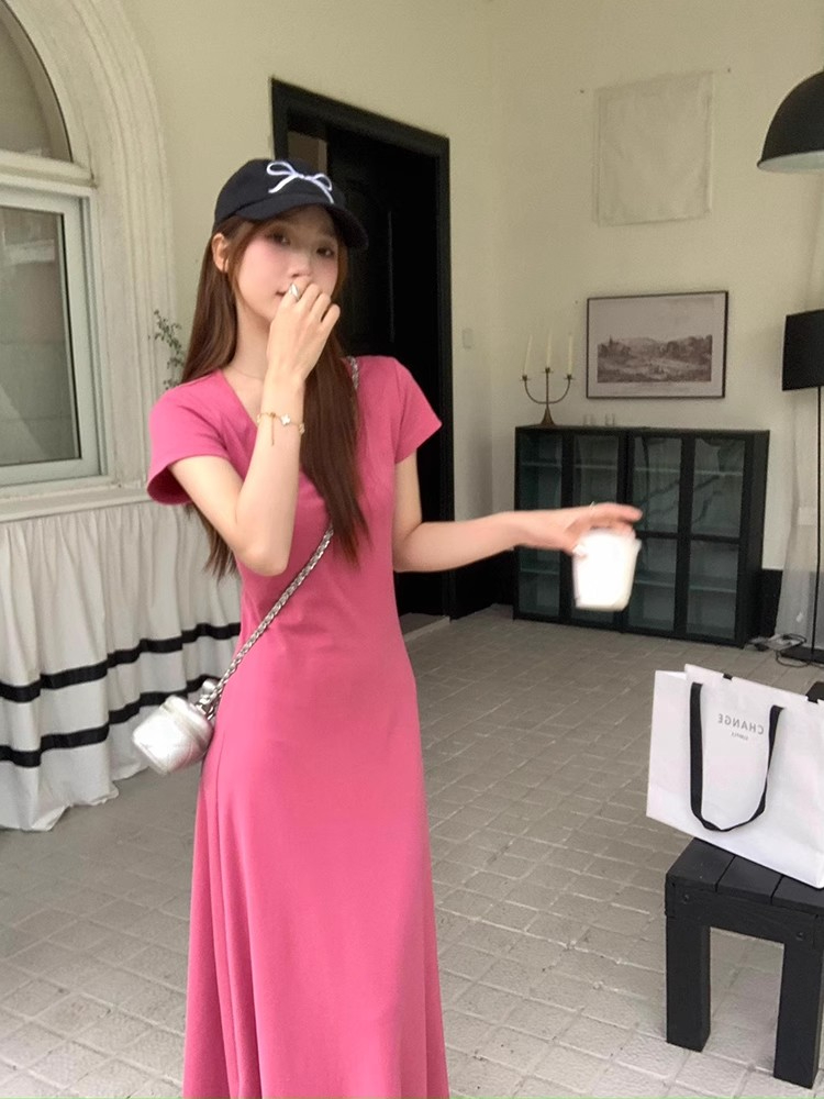 辣妹新款純色U領連衣裙女氣質顯瘦收腰休閒百搭短袖裙
